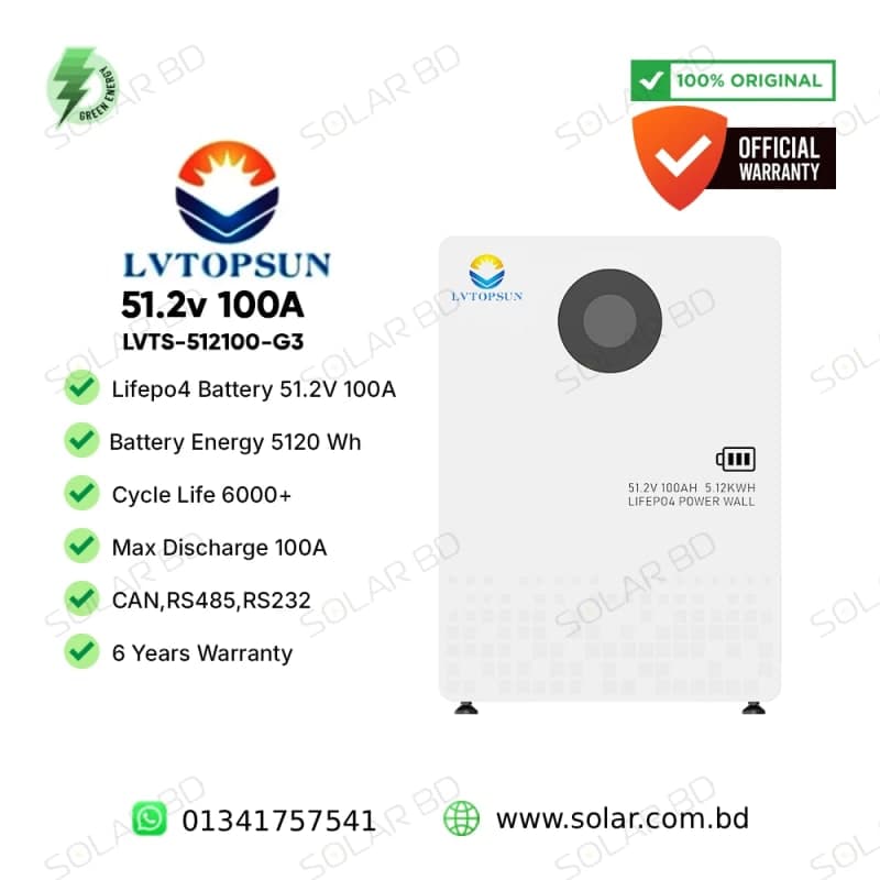 LVTOPSUN 51.2V 100Ah 5.12kWh LiFePO4 Battery (Touchscreen, Floor/Wall)