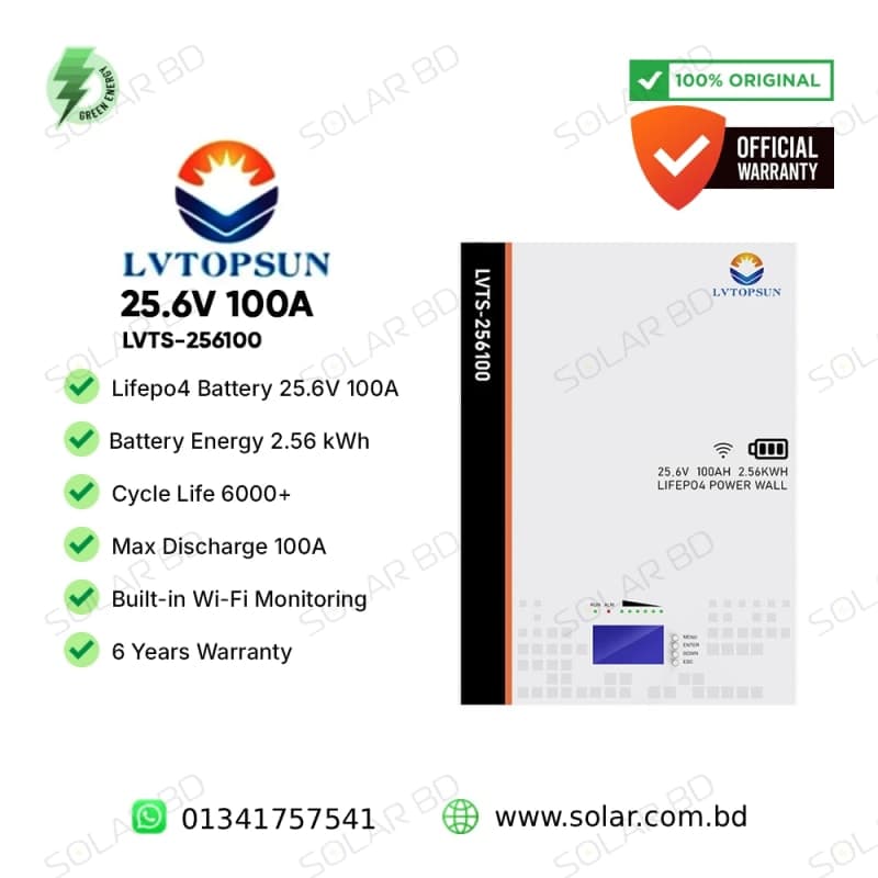 LVTOPSUN 25.6V 100Ah 2.56kWh LiFePO4 Battery (Metal Case)