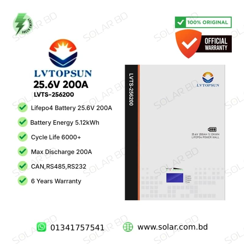 LVTOPSUN 25.6V 200Ah 5.12kWh Lithium Iron Phosphate Battery