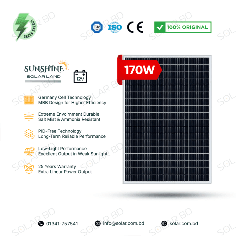 SUNSHINE 170W Germany Cell 12V Mono Solar Panel